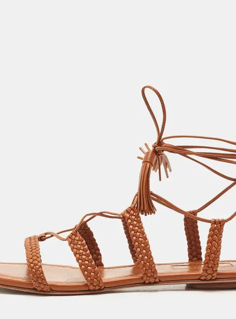 Aquazzura Tan Leather Braided Stromboli Flat Sandals Size 36.5