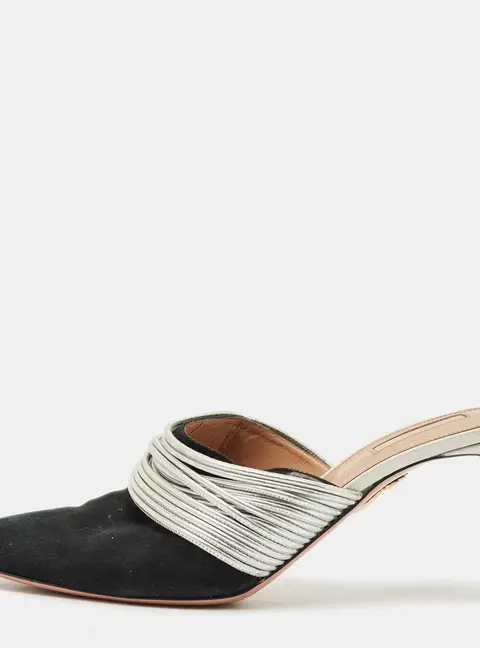 Aquazzura Black/Silver Suede and Leather Rendez  Vous Mules Size 42