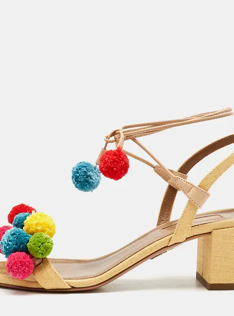 Aquazzura Multicolor Raffia Pom Pom Thong Ankle Tie Sandals Size 37