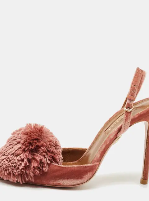 Aquazzura Rose Pink Velvet Powder Puff Pom Pom Slingback Pumps Size 35