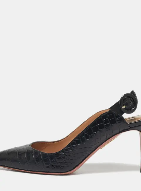 Aquazzura Black Croc Embossed Leather Yale Slingback Pumps Size 36