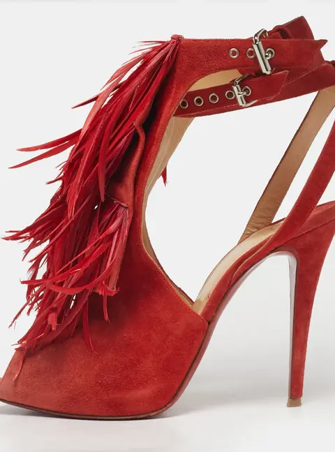 Aquazzura Red Suede Feather Embellished Ankle Strap Pumps Size 40.5