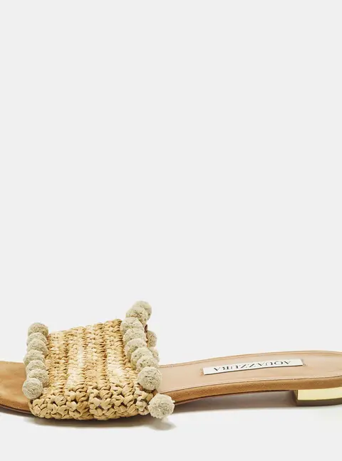 Aquazzura Size 37 Beige Straw  Pom-Pom Embellishments Flat Slide
