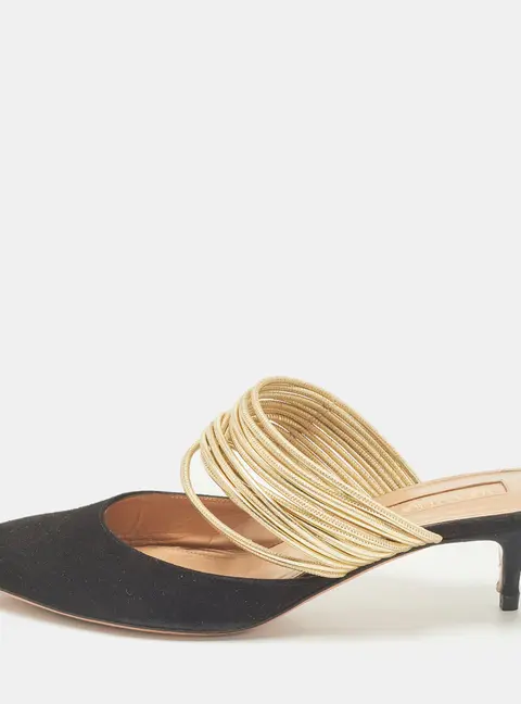 Aquazzura Rendez Vous Size 36.5 Black/Gold Leather and Suede Mules