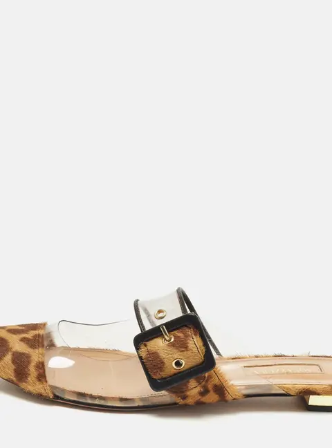 Aquazzura Seduction Size 36.5 Brown Leopard Print Calf Hair and PVC Flat Mules