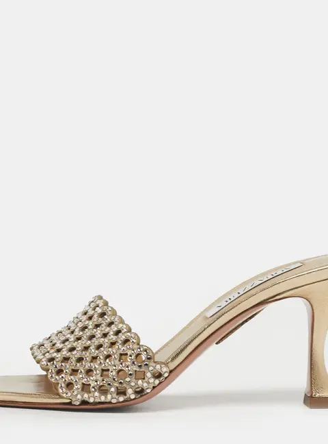 Aquazzura Candy Size 38 Gold Leather Crystal Embellished Slide Sandals
