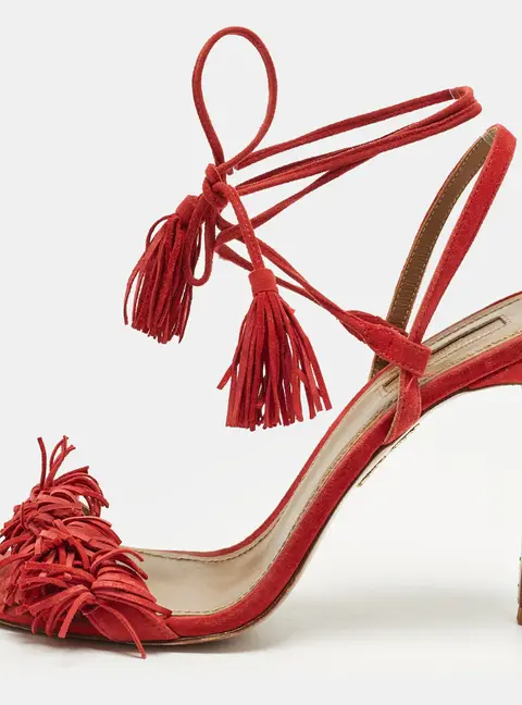 Aquazzura Wild Thing Size 39 Red Suede Fringe  Ankle Wrap Sandals