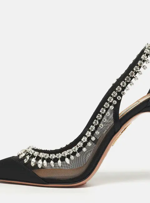 Aquazzura Crystal Crush Size 37 Black Mesh and Satin Pumps