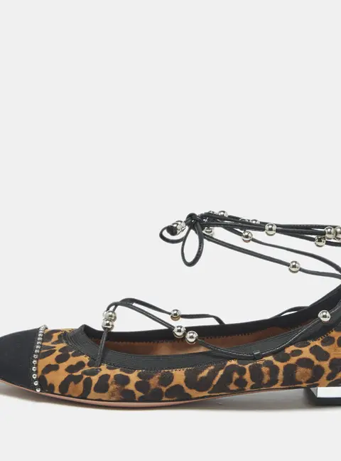 Aquazzura Size 37 Brown/Black Leopard Print Suede and Fabric Tie Up Ballet Flats