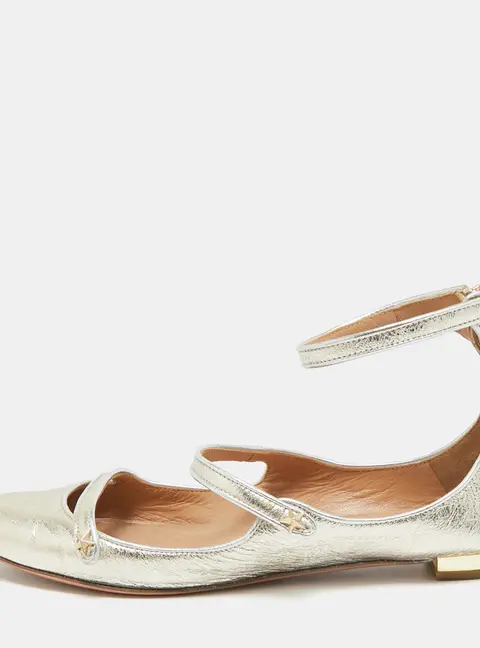 Aquazzura Sunny Star Size 37.5 Silver Metallic Leather Ankle Strap Ballet Flats