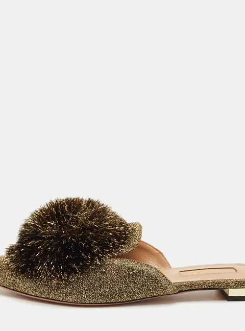Aquazzura Size 36 Gold Lurex Fabric Puff Pom Pom  Mules
