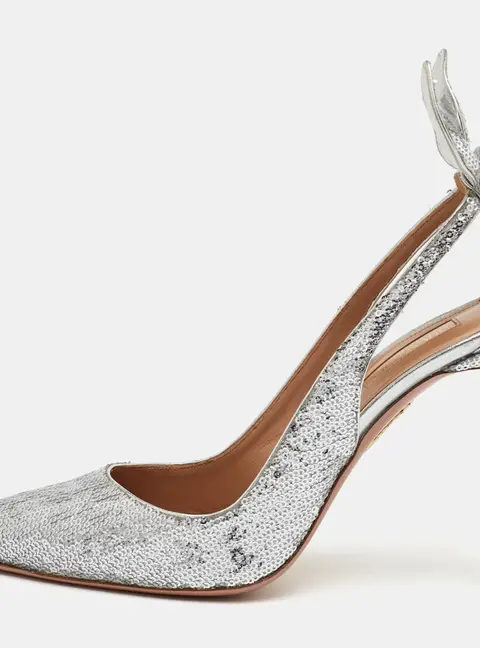 Aquazzura Bow Tie Size 40.5 Metallic Silver Sequins Pointed Toe Pumps