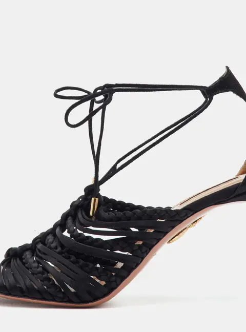 Aquazzura Size 38 Black Braided Satin Open Toe Ankle Strap Sandals