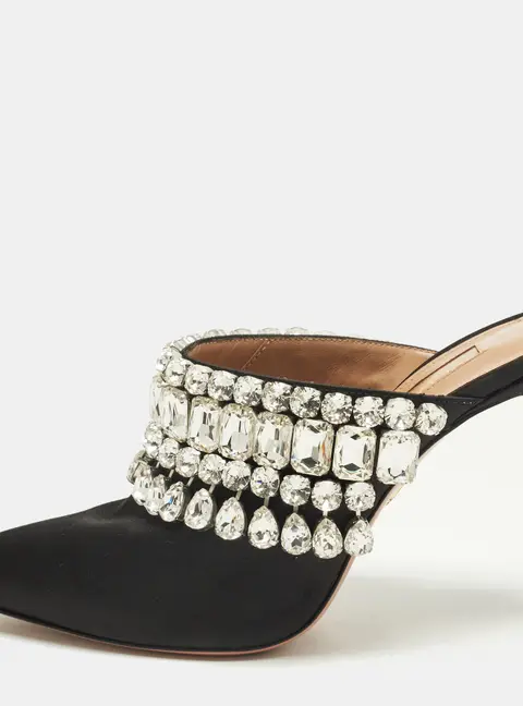 Aquazzura Palace Size 38 Black Satin Crystal-Embellished Mules