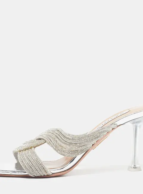 Aquazzura Gatsby Size 38 Silver Leather Crystal Embellished Slide Sandals