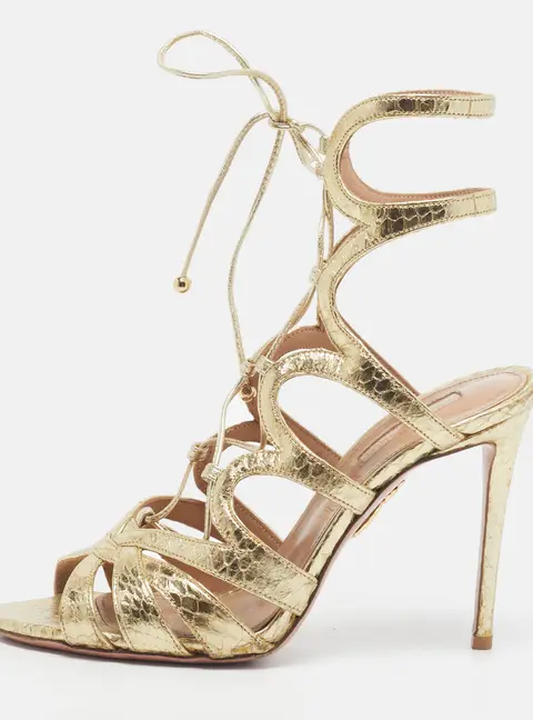 Aquazzura Size 37 Gold Python Embossed Leather Platform Sandals