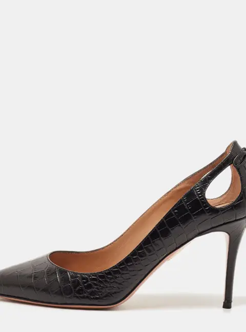 Aquazzura Tassel Bow Size 37.5 Black Croc Embossed Leather Pumps