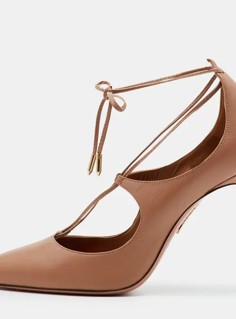 Aquazzura Christy Size 37.5 Beige Leather Pointed Toe Ankle Tie Pumps