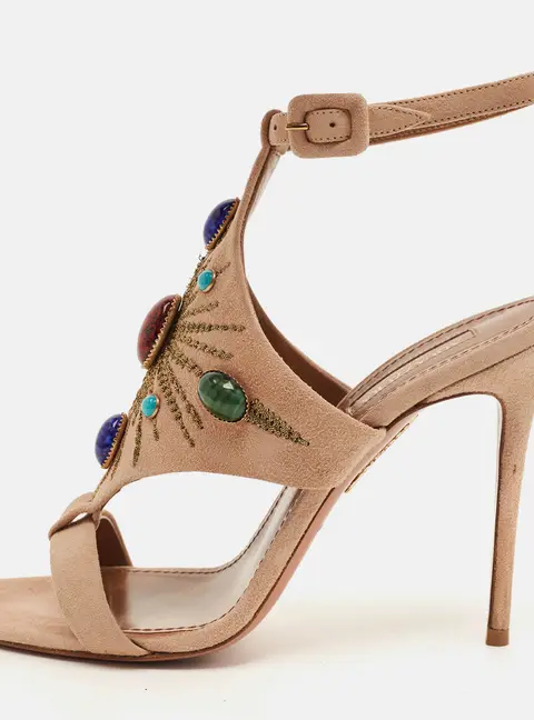 Aquazzura Size 37 Beige Suede Embellished Ankle Strap Sandals