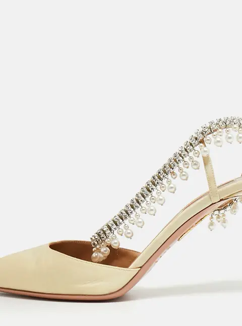Aquazzura Size 39 Light Yellow Fabric Crystal Embellished Slingback Pumps