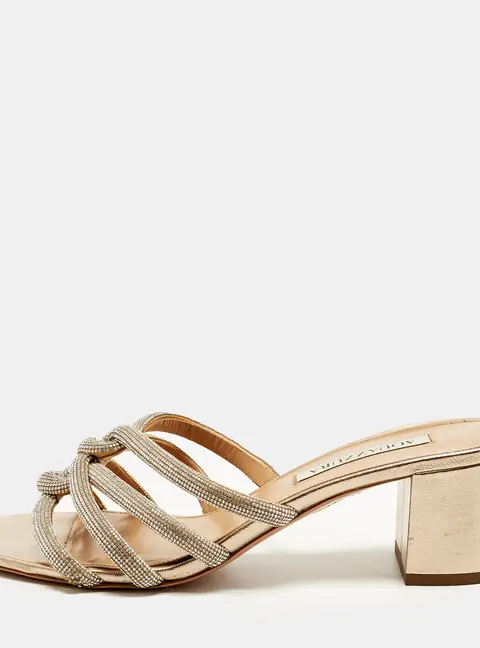 Aquazzura Size 39.5 Gold Leather Crystal Embellished Slide Sandals