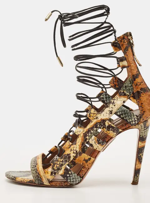 Aquazzura Amazon Size 38 Multicolor Python Embossed Leather Ankle Strap Sandals