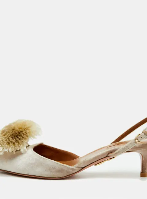 Aquazzura Size 37.5 Beige Velvet Powder Puff Pointed Toe Slingback Pumps