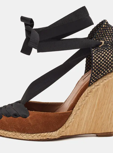 Aquazzura Malibu Size 36 Brown/Black Suede and Woven Fabric Wedge Espadrille Sandals
