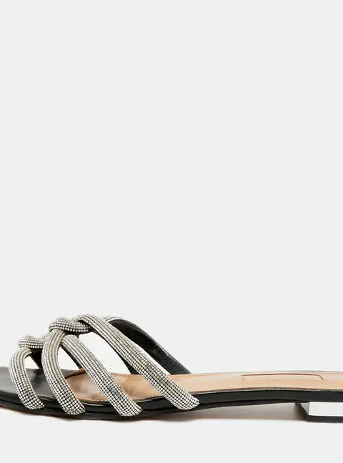 Aquazzura Size 38.5 Black Crystals and Leather Crystal Embellish Flat Slides