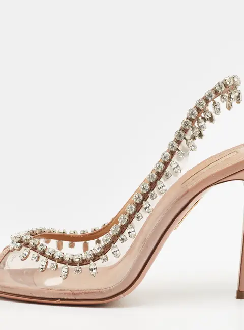 Aquazzura Temptation Size 39 Beige/Transparent Leather and PVC Slingback Sandals