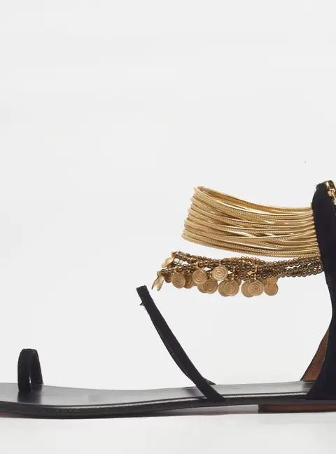 Aquazzura Queen Of The Desert Size 39.5 Black Leather and Suede Ankle Strap Flat Sandals