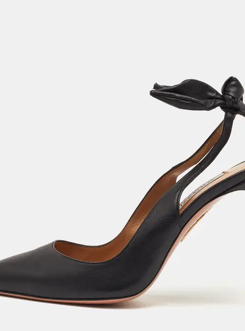 Aquazzura Bow Tie Size 37 Black Leather Pointed Toe Pumps