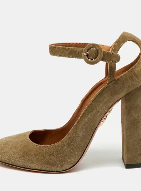 Aquazzura Alix Size 37 Green Suede Mary Jane Pumps