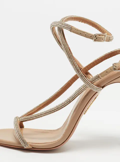 Aquazzura Moondust Size 35 Beige Leather Crystal Embellished Ankle Strap Sandals