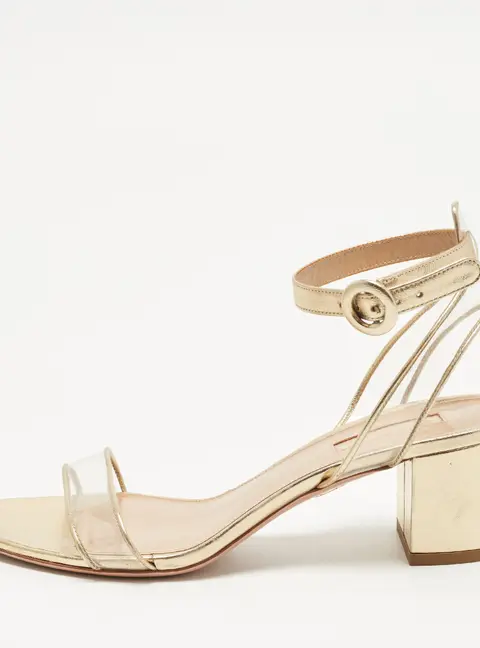 Aquazzura Minimalist Size 37 Gold Leather and PVC Ankle Strap Sandals
