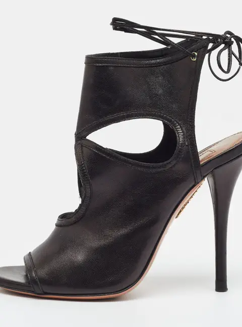 Aquazzura Sexy Thing Size 35 Black Leather Cutout Ankle Tie Sandals