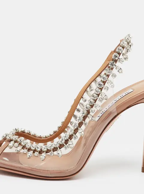 Aquazzura Temptation Size 38 Beige/Transparent Leather and PVC Slingback Sandals