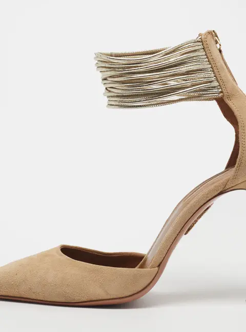 Aquazzura Hello Lover Size 38.5 Beige/Gold Suede and Leather Ankle Strap Pumps