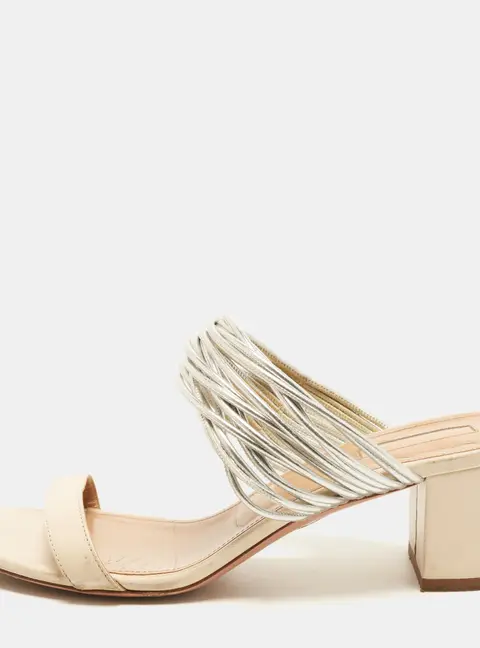 Aquazzura Rendez Vous Size 38 Cream/Silver Leather Block Heel Slide Sandals