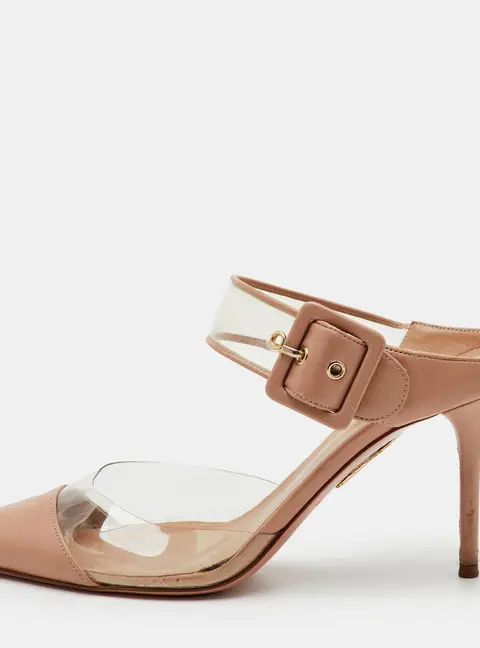Aquazzura Optic Buckle Size 39.5 Beige Leather and PVC Pointed Toe Mules