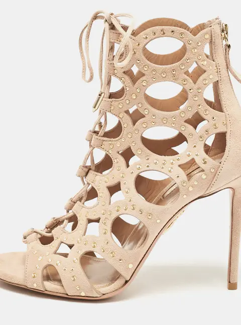 Aquazzura Powder Pink Suede Begum Studded Cut Out Ankle Booties Size 37.5