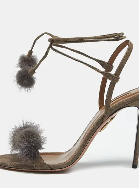 Aquazzura Grey Mink Fur and Suede Wild Russian Ankle Wrap Sandals Size 39
