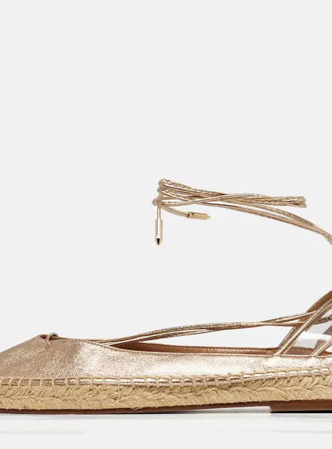 Aquazzura Gold Leather and PVC  Ankle Wrap Espadrille Flat Size 35.5
