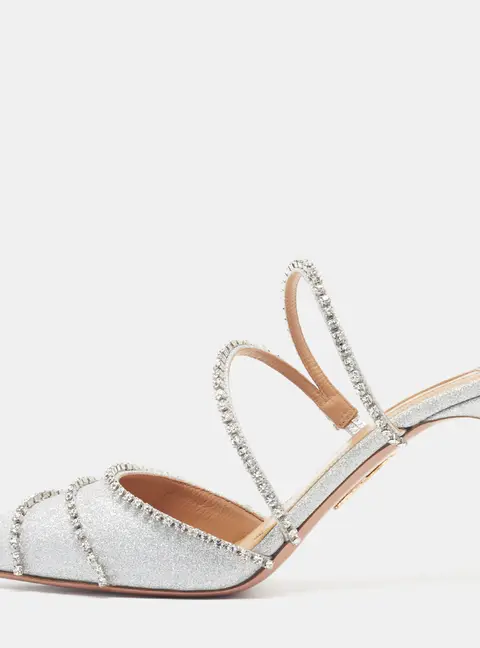 Aquazzura Size 39 Silver Glitter Crystal Embellished Pointed Toe Mules