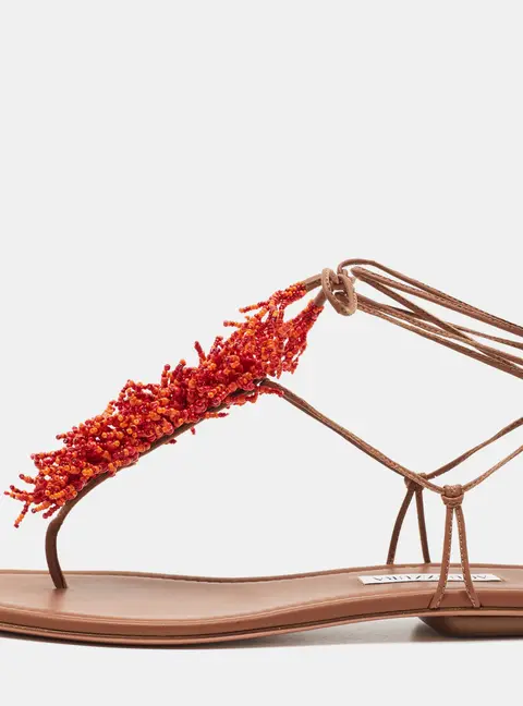 Aquazzura Panarea Size 40 Brown Leather Thong Flats Ankle Tie Sandals