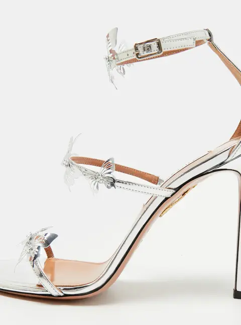 Aquazzura Papillon Sauvage 105 Size 40 Silver Patent Leather Ankle Strap Sandals