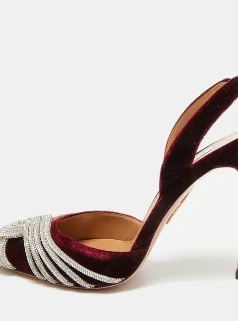 Aquazzura Gatsby Size 37 Burgundy Velvet Embellished Slingback Pumps
