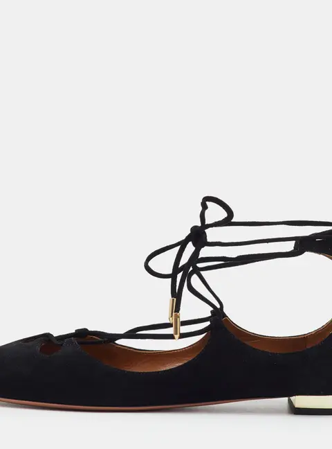 Aquazzura Christy Size 38.5 Black Suede Ankle Wrap Ballet Flats