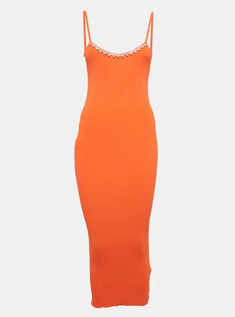 Area Orange Rib Knit Crystal Embellished Midi Dress M
