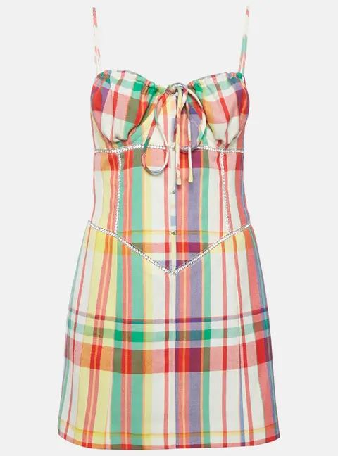 Area Multicolor Plaid Checked Wool Crystal Detail Mini Dress M